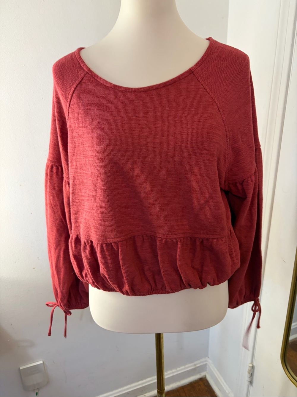 aerie Red Relaxed Peplum Pullover with Tie Cuffs